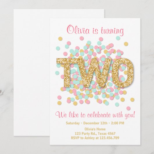 Tweede verjaardag uitnodiging meisje roze gouden m (Voorkant / Achterkant)