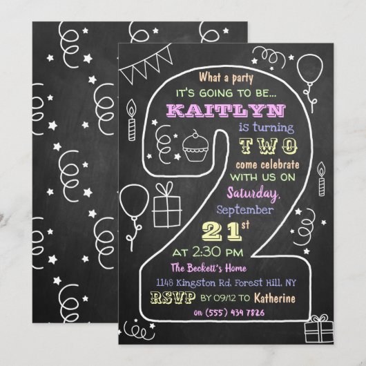 Tweede verjaardag van de finale en rendy-kalkbord kaart (Voorkant / Achterkant)