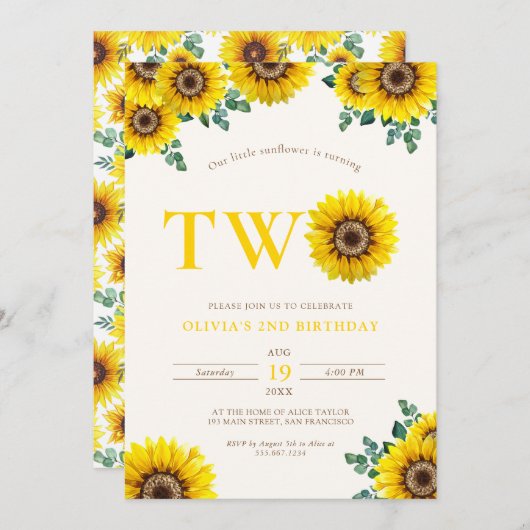 Tweede verjaardag van de kleine zonnebloem kaart (Voorkant / Achterkant)