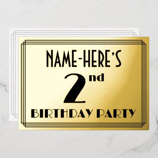 Tweede verjaardag van de Kunst Deco Kijk "2" + Naa Folie Uitnodiging (Voorkant / Achterkant)