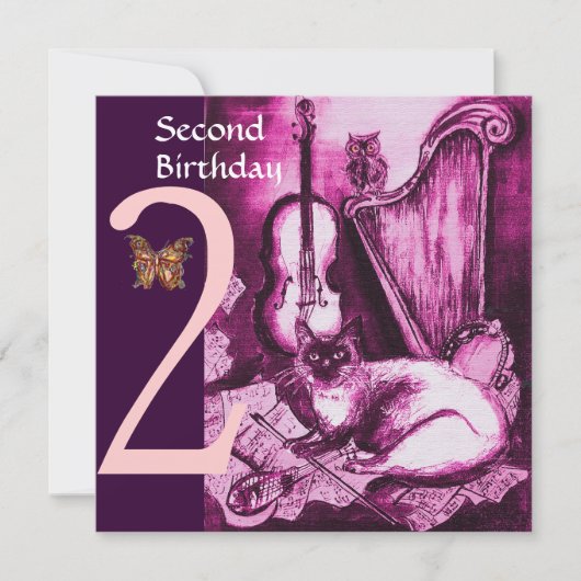 Tweede verjaardag van de muzikale CAT roze Fuchsia Kaart (Voorkant)