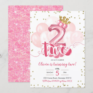 Tweede verjaardag van de roze en gouden kroonballo kaart