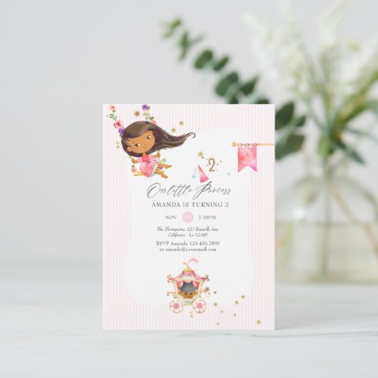 Tweede verjaardag van de roze en gouden prinses uitnodiging briefkaart (Staand voorkant)
