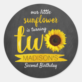 Tweede verjaardag van het kleine zonnebloemkarton ronde sticker
