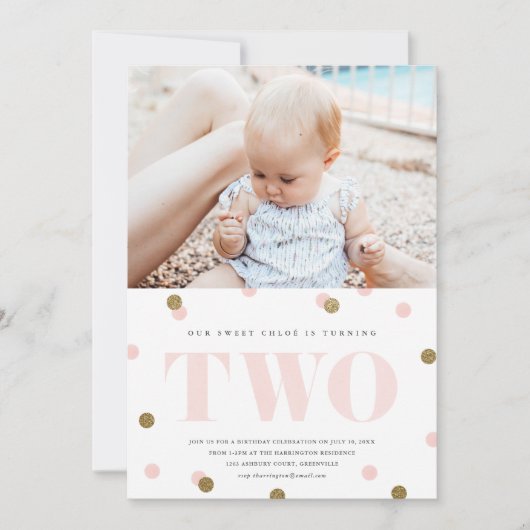 Tweede verjaardag van roze en gouden confetti kaart (Voorkant)