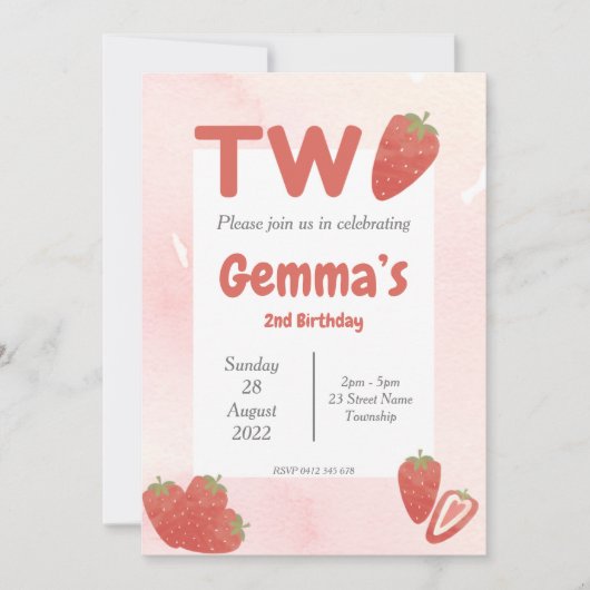 Tweede verjaardag van Strawberry Kaart (Voorkant)