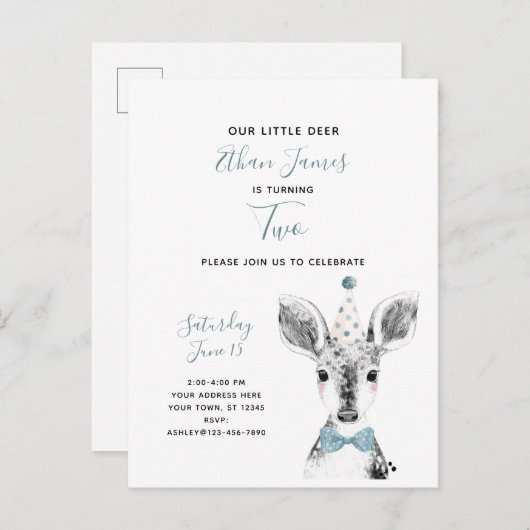 Tweede verjaardag zwart-wit blauw-kind uitnodiging briefkaart (Voorkant / Achterkant)