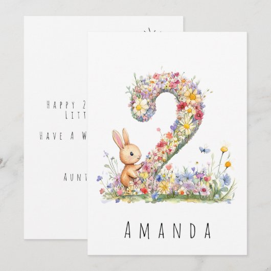 Tweede verjaardags bloem twee & konijn kaart (Voorkant / Achterkant)