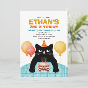 TWEEDE verjaardagsfeestje kat met taart en kaarsen Kaart