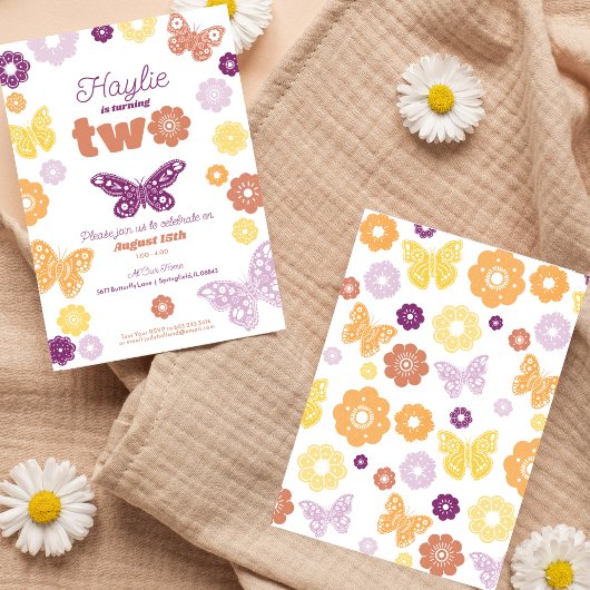 Tweede verjaardagsfeestje Retro Butterfly Verjaard Kaart