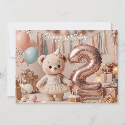 Tweede verjaardagsfeestje van de lieve teddybeer kaart (Voorkant)