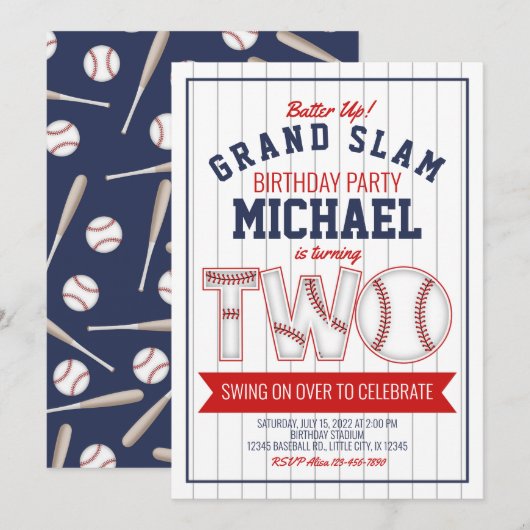 Tweede verjaardagsuitnodiging honkbal kaart (Voorkant / Achterkant)