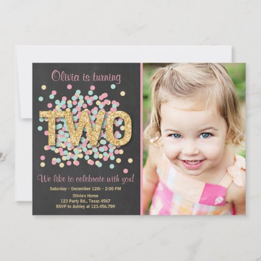 Tweede verjaardagsuitnodiging meisje roze goud min kaart (Voorkant)