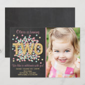 Tweede verjaardagsuitnodiging meisje roze goud min kaart (Voorkant / Achterkant)