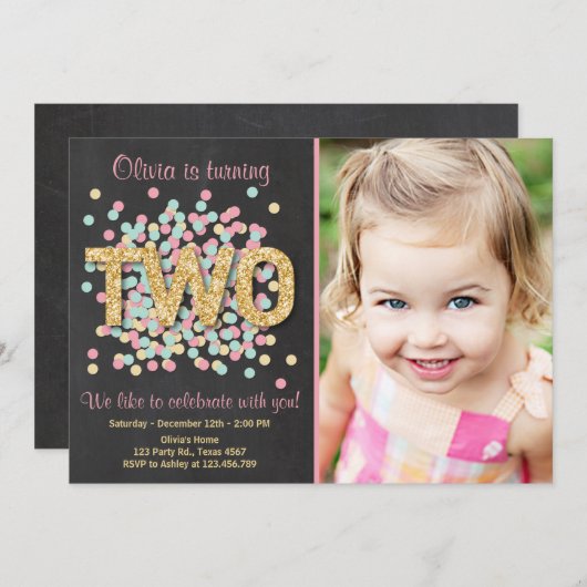 Tweede verjaardagsuitnodiging meisje roze goud min kaart (Voorkant / Achterkant)