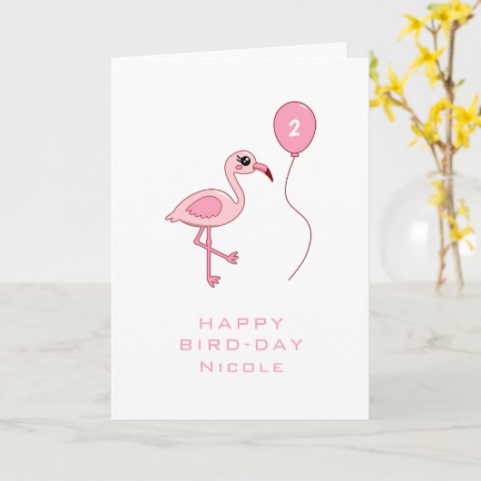 Tweede vogeldag roze flamingo Happy Bird-day Kaart (Gele Bloem)