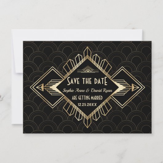 Tweedehands 20s Goud Zwart Great Gatsby Bruiloft Save The Date (Voorkant)