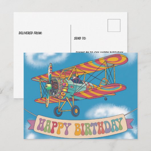 Tweedekker vliegt over 'happy birthday'-spandoek briefkaart (Voorkant / Achterkant)