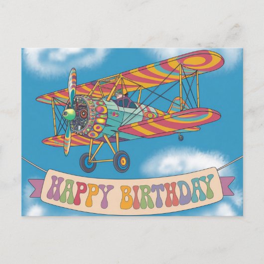Tweedekker vliegt over 'happy birthday'-spandoek briefkaart (Voorkant)