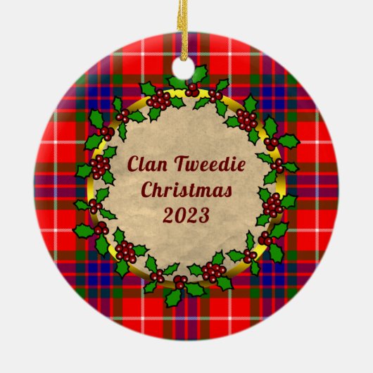 Tweedie Clan Badge & Tartan Gepersonaliseerde Kers Keramisch Ornament (Achterkant)