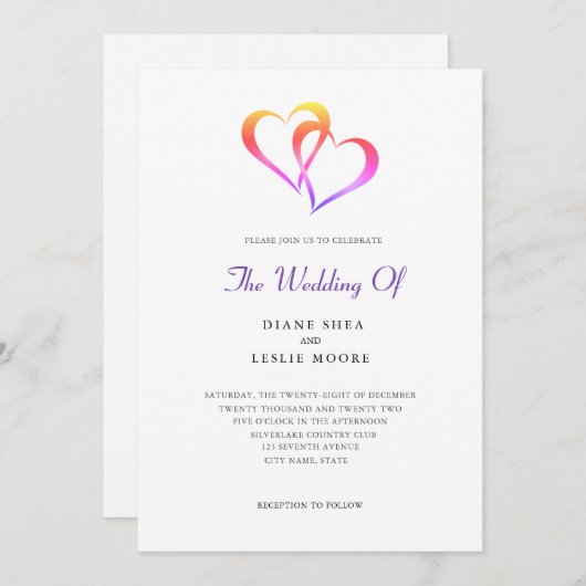 Tweeharten Trouwkaart met Regenboog Kaart (Voorkant / Achterkant)