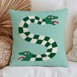 Tweehoofdige slang in groen geruit patroon Funky Kussen