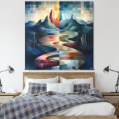 Tweekleurig Abstract Landschap met Rivier & Berg Canvas Afdruk (Insitu (Slaapkamer))