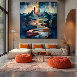 Tweekleurig Abstract Landschap met Rivier & Berg Canvas Afdruk