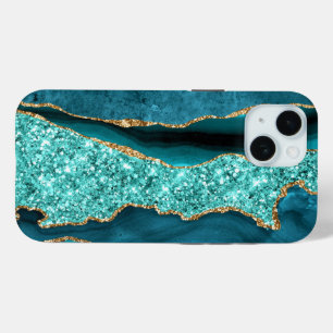 Tweekleurig blauwe gouden glinsterende aqua turquo iPhone 15 case