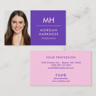 Tweekleurig Paars Roze Minimaal Foto & Monogram Visitekaartje