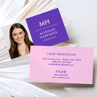 Tweekleurig Paars Roze Minimaal Foto & Monogram Visitekaartje
