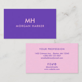 Tweekleurig Paars Roze Minimaal Schoon Monogram Visitekaartje