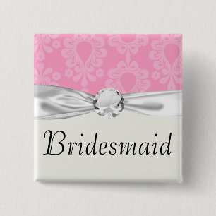 tweekleurig pastelroze bloemendamaskpatroon vierkante button 5,1 cm