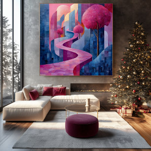 Tweekleurig Roze en Blauw Abstract Landschap Canvas Afdruk