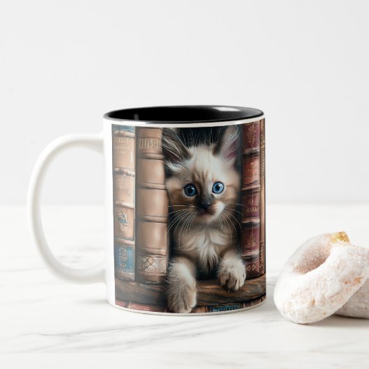 Tweekleurige Keramische Mok | Birmaanse Kitten (Met donut)