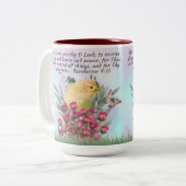 Tweekleurige koffie mok - bijbelvers en natuur sce (Voorkant links)