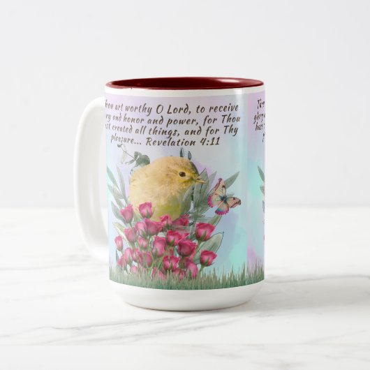 Tweekleurige koffie mok - bijbelvers en natuur sce (Voorkant links)