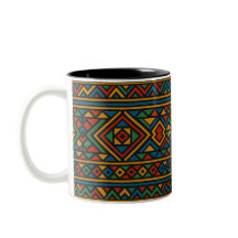 Tweekleurige koffiemok, etnische beker, kleurrijke