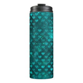 Tweekleurige Teal Glam Glitter Harten Patroon Thermosbeker