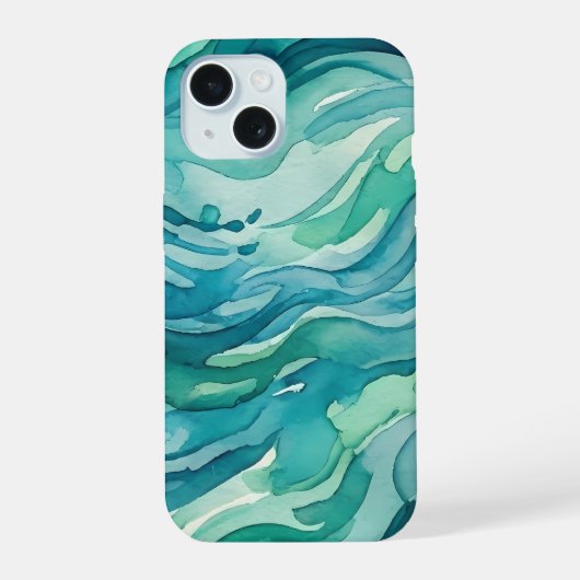 Tweekleurige waterverf oceaan golven iPhone 15 case (Achterkant)