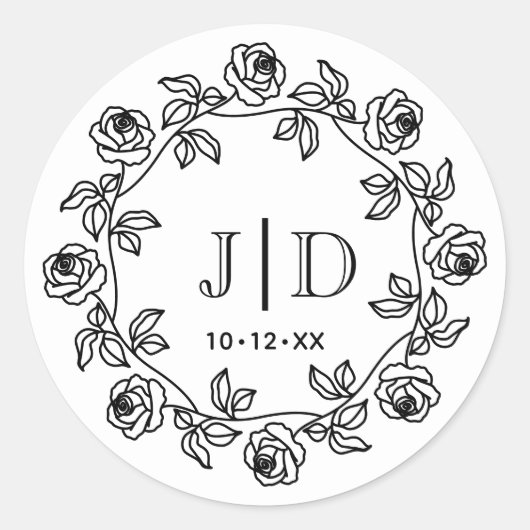 Tweeletter Krans van Rozen Trouw Monogram CO2 Ronde Sticker (Voorkant)