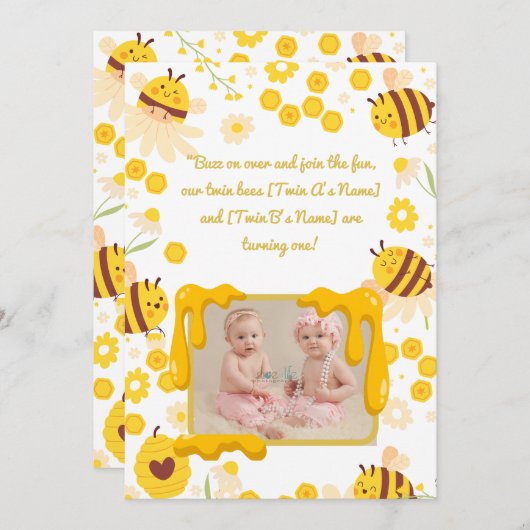 Tweeling 1e Verjaardag Feest Uitnodiging Bumble Be (Voorkant / Achterkant)
