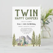 Tweeling 1e verjaardag Happy Campers Rustiek Kaart (Staand voorkant)