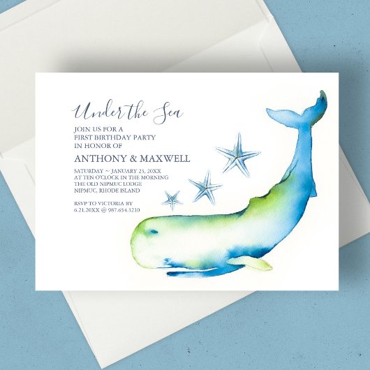 Tweeling 1e Verjaardag Waterverf Walvis Zeester Kaart