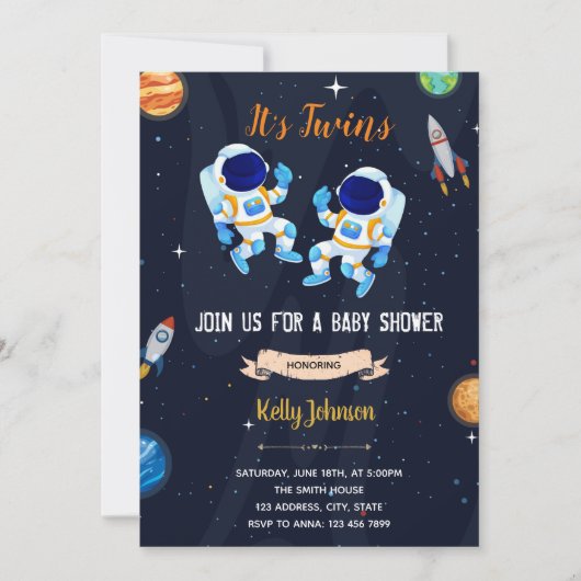 Tweeling astronauten baby shower uitnodiging (Voorkant)