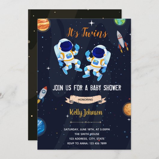 Tweeling astronauten baby shower uitnodiging (Voorkant / Achterkant)