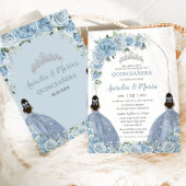 Tweeling Baby Blauw Bloemen Jurk Zilver Quinceañer Kaart