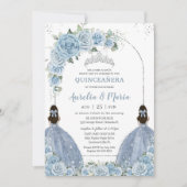 Tweeling Baby Blauw Bloemen Jurk Zilver Quinceañer Kaart (Voorkant)