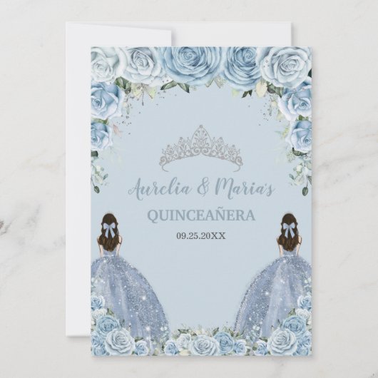 Tweeling Baby Blauw Bloemen Jurk Zilver Quinceañer Kaart (Achterkant)