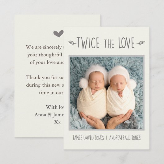 Tweeling baby geboorte aankondigingskaart, twee ke bedankkaart (Voorkant / Achterkant)